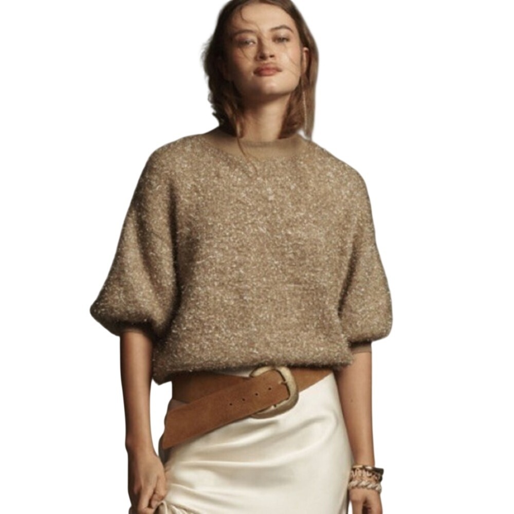Maeve The Violetta Short-Sleeve‎ Gold Tinsel Sweater, Size XS